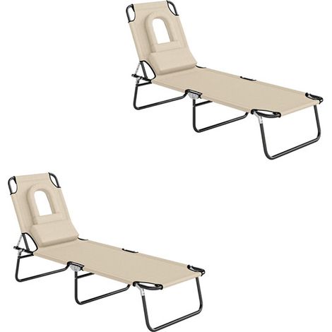 2er-Set sonnenliege mit Gesichtsloch & Kissen, klappbar, wasserabweisender Bezug, Metallrahmen, Beige