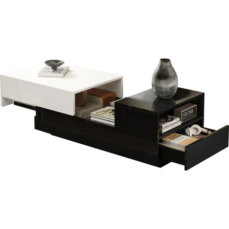 Couchtisch Rechteckig mit 2 Schubladen und Verschiebbarer Hubplatte, Hochglanz, für Wohnzimmer, 100×50×38 cm (1/5)