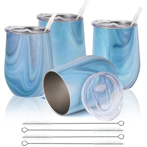 Verres à vin sans pied en acier inoxydable 12oz, lot de 4, avec couvercles, isolation double paroi, incassables, marbre bleu (1/5)
