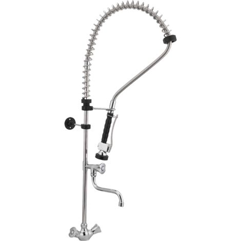 Bagnoclic – Robinet de cuisine industriel en laiton chromé – Monotrou avec bec orientable et douchette professionnelle – Fixations murales incluses (1/4)