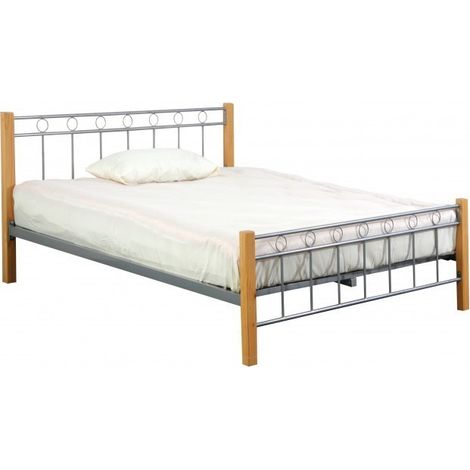 Bett EVELINE 160x200 cm aus Metall und Holz in Grau und Naturfarbe mit Lattenrost.