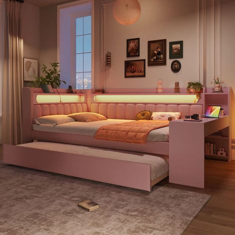 lit enfant 140x200, lit gigogne lit combine enfant, bureau intégré, ports USB, LED multicolore (1/5)
