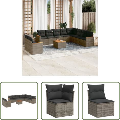 vidaXL Rattanmöbel - 11-tlg. Garten-Sofagarnitur mit Kissen Grau Poly Rattan (1/5)