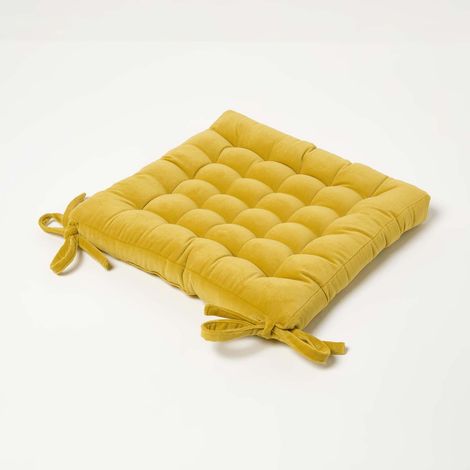 HOMESCAPES Mustard Yellow Quilted Velvet Chair Pad, 40 x 40 cm