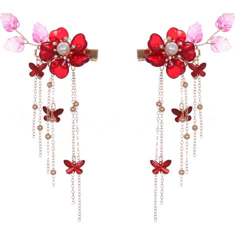 Paar chinesische Haaraccessoires, rote Blumenhaarnadeln, Vintage-Kleiderkopfschmuck, lange Schmetterlingsquasten (1/5)