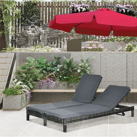 Lettino prendisole per 2 persone 198x28x63 cm, schienali regolabili, imbottito, metallo, rattan grigio (1/5)