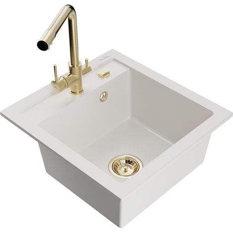 Mexen Vito lavello in granito a 1 vasca con rubinetto da cucina Duero, bianco - 6503-20-671600-50 (1/5)