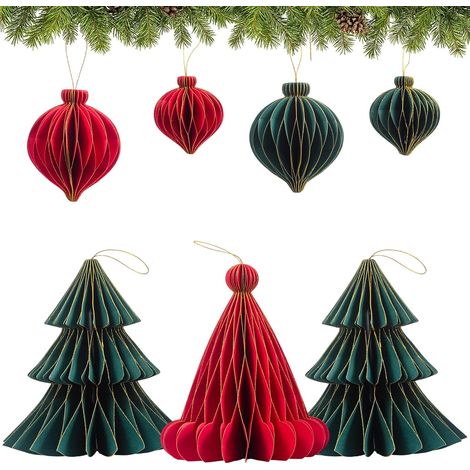 Trintion 7 PCS Vintage Paper Christmas Decorations, Hanging Honeycomb Ornaments 3D Christmas Tree Decor for Xmas Home Indoor Ceiling, Stocking Stuffers (1/5)