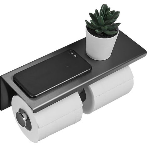 1 Porte-papier toilette, étagère téléphone, acier inoxydable, double rouleau, design noir, salle de bain (1/5)