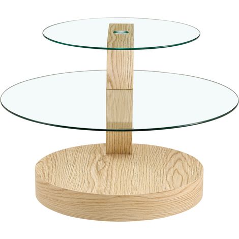 Mesa de centro redonda de 2 niveles en vidrio templado y MDF efecto madera clara, MODENUIT (1/5)