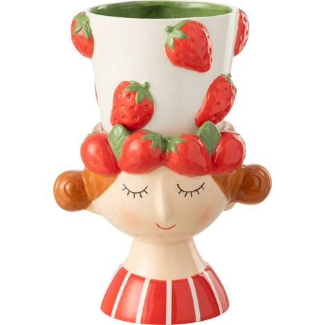 Cache pot fille aux fraises en poterie - multicolore avec fraises rouges (1/5)