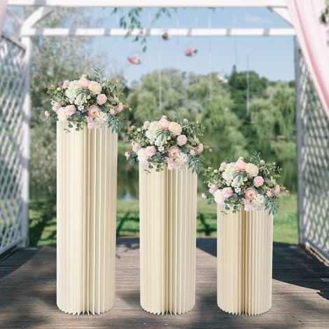 3 présentoirs pliables à colonnes, présentoirs en carton pour fleurs de mariage de 60 cm/80 cm/100 cm, présentoirs centraux en papier avec couvercle en acrylique.