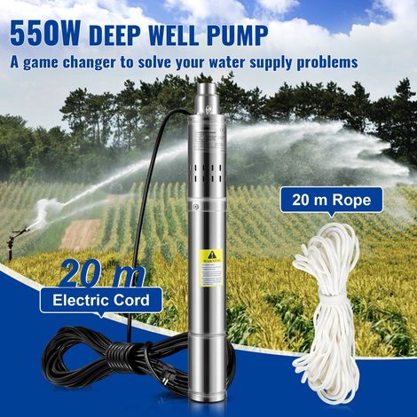 Pompe submersible puits profond 550W 230V/50Hz 35L/min 108m resistant sable 5% cable 20m acier inox 7.6cm usage industriel irrigation maison IP68 etanche (1/5)