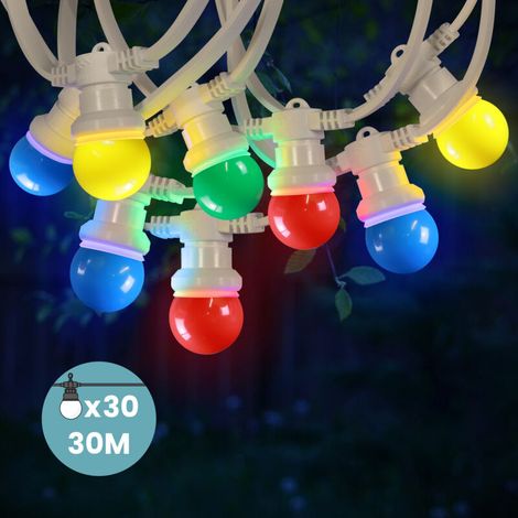 Guirlande Guinguette 30M Cable Blanc Bulbes Multicolores IP65 - Guirlande Electrique Exterieur 30 Bulbes ROUGE JAUNE VERT BLEU - Guirlande Guinguette Exterieur Boheme Déco pour Domaines et Parcs