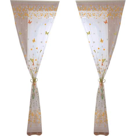 Paneles de ventana de voile bordado vintage transparente con estampado de mariposas, 100 x 200 cm, amarillo y verde. (1/5)