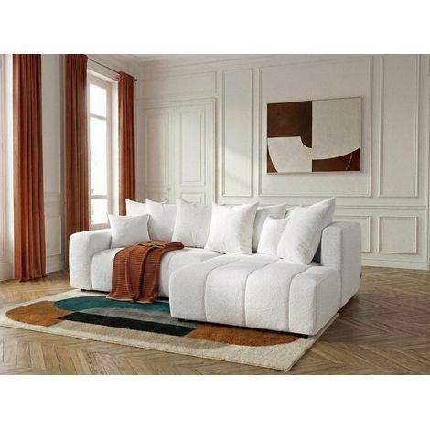 BOBOCHIC - Canapé d'angle L convertible coffre ROXELANE tissu bouclette Angle droit Blanc (1/5)
