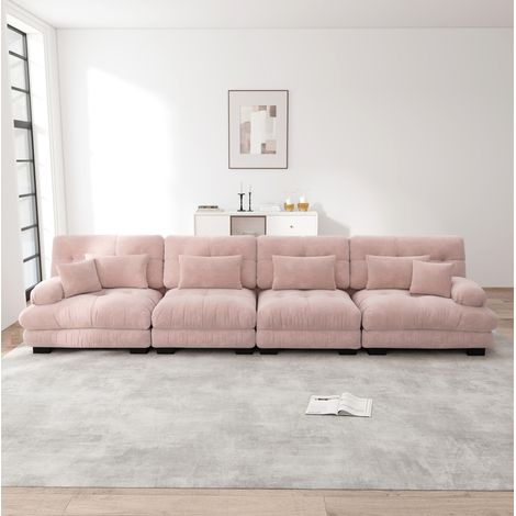 Sofá esquinero modular de 4 plazas rosa en chenilla con asiento profundo y cojines acolchados (1/5)