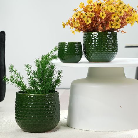 Set de 3 pots de fleurs en céramique vert foncé, style moderne, pour jardin et balcon FLORAGRACE (1/5)