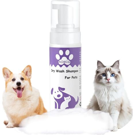 Shampooing à Sec pour Chat Chien, 150ml Shampoing sans Rinçage et sans Eau, Nettoyage en Profondeur et Rafraîchit Le Poil, Pelage Brillant et Soyeux, 100% Naturel, pour Pellicules, Gras, Odeurs