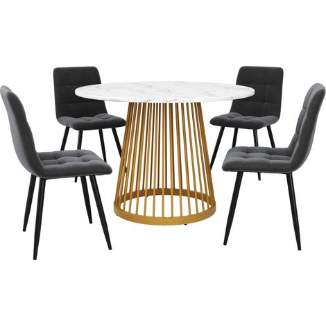 Ensemble table à manger 5 pièces avec 4 chaises, ensemble moderne de table de cuisine, table ronde de cuisine de 80 cm de diamètre avec pieds en métal doré, plateau blanc en MDF, chaises de salle à ma