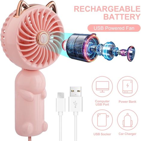 Mini ventilateur portable avec batterie rechargeable et 3 vitesses, électrique personnel pour filles/femmes/enfants-rose (1/5)