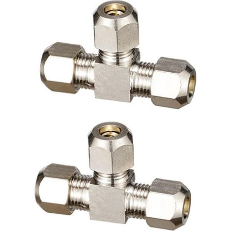 Raccord Pneumatique Tuyau 6 mm, Té Égal en Laiton Nickelé, 2 Pièces Bague de Compression Argent, Connecteur Tube Cuivre pour Air Comprimé (1/4)