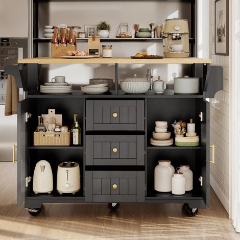 Îlot de cuisine avec rangement, buffet 120x40(80)x95 cm, table roulante extensible des deux côtés, porte-serviettes et étagère à épices, 2 portes, 3 tiroirs, finition noir et blanc (1/5)
