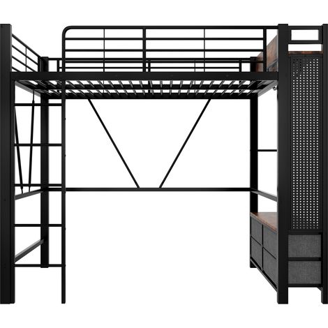 Hochbett 90 x 200 cm aus Metall und MDF, schwarz, mit LED, USB- und Type-C-Anschlüssen (1/5)