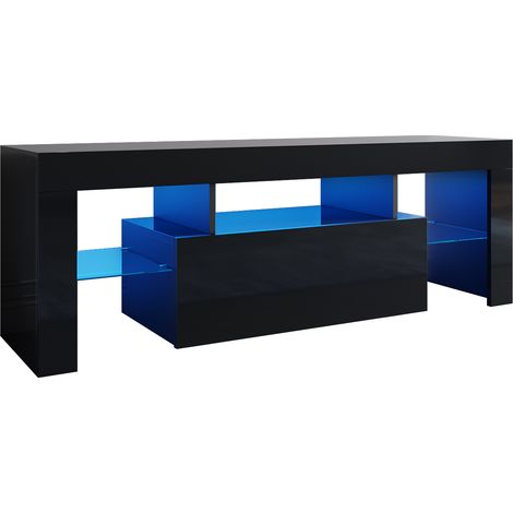 ELEGANT Modern TV Unit 130cm Cabinet High Gloss with Free RGB LED Lights Drawer Black (1/5)