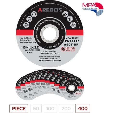 AREBOS cut-off wheels Ø 125 mm, 400 pieces suitable for steel, stainless steel, Inox, iron, sheet metal, metal forward and return EN 12413 certified by the Materials Testing Office (MPA)