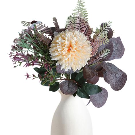 Strauß aus künstlichen Chrysanthemen und Eukalyptus, ideal zur Dekoration eines Wohnzimmers oder Esstisches. (1/3)