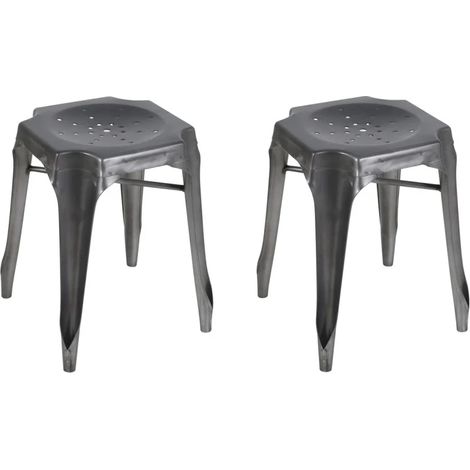 Lot 2 tabourets vintage empilables en métal gris vieilli - METALICA (1/5)