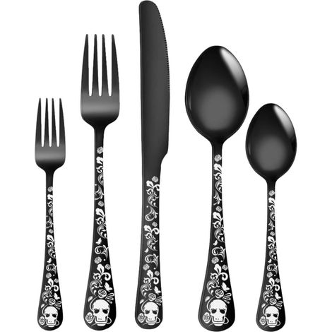 Couverts - Set De 5 Pièces - Motif Crâne - Acier Inoxydable - Finition Noir Mat - Pour Décoration Festive Et Repas Quotidiens (1/4)