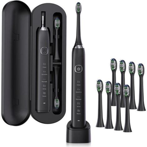 Brosse à dents électrique sonique S100 blanche à 8 têtes - Rechargeable par USB, étanche, avec 8 têtes de brosse