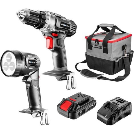 Juego de herramientas eléctricas inalámbricas: taladro atornillador, linterna, bolsa, batería Energy+ de 18 V, iones de litio de 2,0 Ah, cargador (1/5)