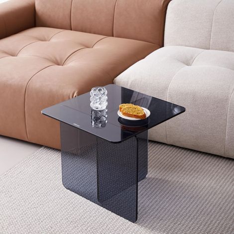 Mesa auxiliar de 45x45x51 cm en cristal templado gris, mesa auxiliar transparente para salón, oficina o exteriores. (1/5)