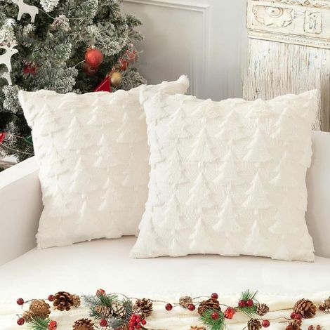 Lot de 2 Doux Peluche Laine Courte Velours Décoratif Housses de Coussin Luxe Style pour Canapé Chambre - Arbre,blanc-45 x 45 cm (1/5)