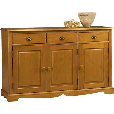 Buffet Bas 3 Portes 3 Tiroirs Pin Miel de Style Anglais L 146.6 H 89.6 P 42.5 cm