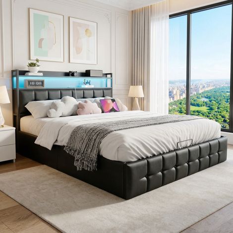 Lit coffre 160x200,lit 160x200 avec sommier,Lit 2 Personnes capitonné avec tête de lit rangement et chargement USB,lumières LED,Lit double adulte, rangement hydraulique, sommier à lattes,PU Noir (1/5)