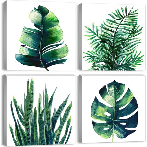 Decoración de pared para baño de estilo tropical, cuadro de plantas verdes, lienzo sin marco (4040cm4, sin marco). (1/4)