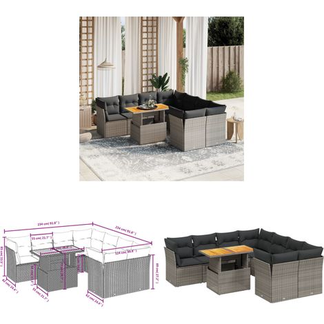 Salon de jardin 9 pcs avec coussins gris résine tressée - Ensemble Salon De Jardin - Salon De Jardin Extérieur - Meuble De Jardin - Canapé Jardin - Table Basse Jardin - Home & Living