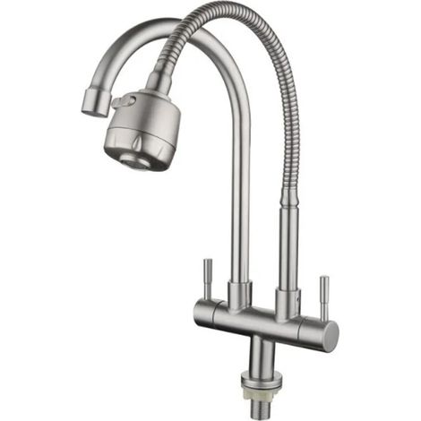 Robinet double pour évier en acier inoxydable 304 (argenté), 2 jets, rotation à 360°, montage sur colonne, flexible, usage commercial. (1/5)