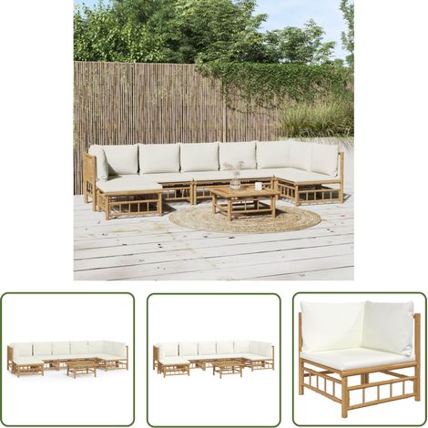 The Living Store Salon de jardin 8 pcs avec coussins blanc crème bambou - Salon De Jardin - Mobilier De Jardin - Ensemble Salon - Ensemble De Meubles De Jardin - Bamboos (1/5)