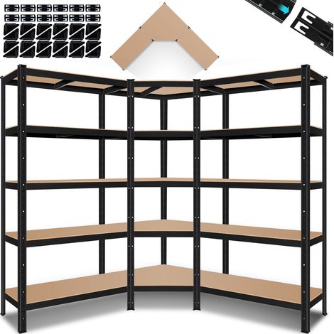 MASKO® Set de 3 Etagères métalliques, Etagère de stockage, 1 Etagère d'angle & 2 Etagères de stockage, 15 Plaques MDF, maximale 2625 kg, Noir (1/5)