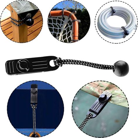 Clips de bâche robustes, clips coupe-vent pour auvents, camping, caravane, bâches de voiture, couvertures de piscine 10 clips + 10 cordes élastiques (noir et blanc) (1/4)