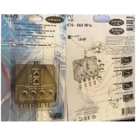 AMPLIFICATEUR DISTRIBUTEUR TNT REGLABLE 40 DB 1ENTREE-4SORTIES TV REF 341057 ELAP HDME