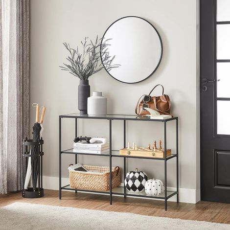 VASAGLE Tavolo Consolle, Consolle Ingresso a 3 Ripiani, Scaffale in Vetro Temperato, 100 x 30 x 73 cm, Struttura in Metallo, Moderno, Corridoio Soggiorno Camera da Letto, Nero (1/6)