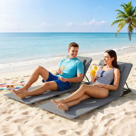 Set di 2 materassini da spiaggia con schienale regolabile, pieghevoli, leggeri, lettini prendisole con poggiatesta e borsa per il trasporto. (1/5)