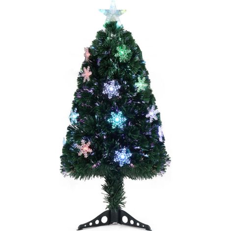 Sapin de Noël de 90 cm avec étoiles, base en plastique, PVC, vert, fibre optique, 12 lumières avec flocons de neige, couleurs changeantes, 85 branches (1/5)