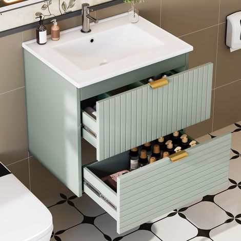Mobile lavabo sospeso 61x46x57 cm con lavabo e 2 cassetti, MDF e ceramica, verde menta (1/5)